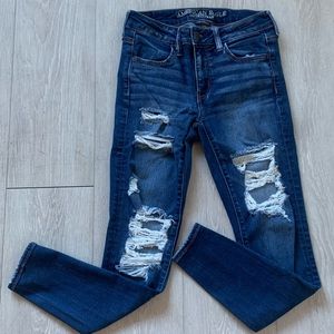 AE High Rise Blue Denim Jeans with Rips Size 4 Short Super Stretch X